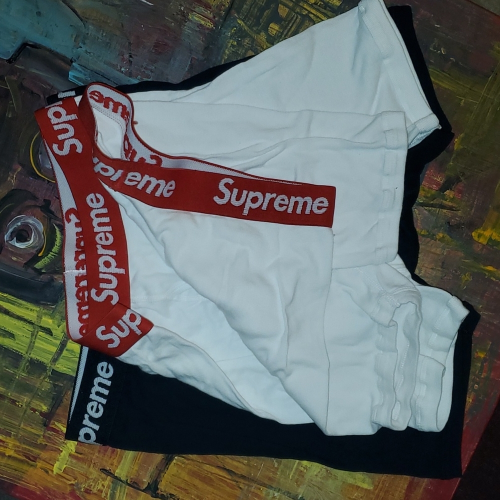 Supreme White & Black Boxer Briefs with Red Logo Waistband
